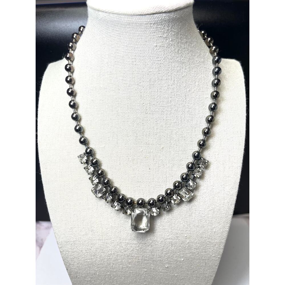 Vintage 16 inch Clear Rhinestone and Gun Metal Colored Beaded Collar Necklace